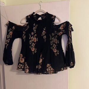 Astr Cold Shoulder Black Ruffled flowered Long Sleeve Blouse